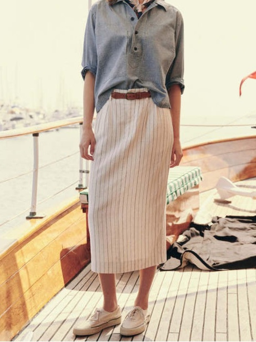 THE GREAT. The Pleated Column Linen Blend Skirt Cream Pinstripe Size 31
